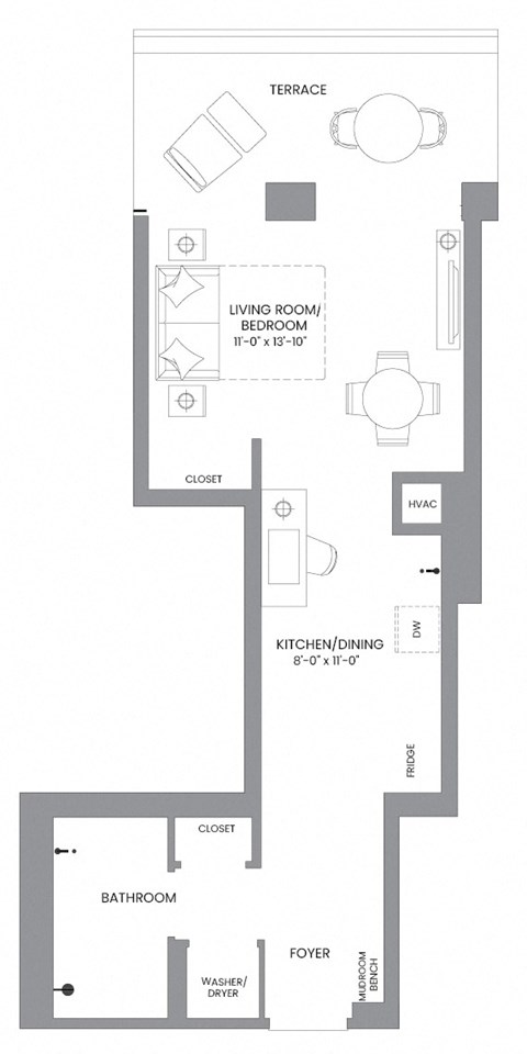 Floor plan for studio, 1 bath, 454 sqft